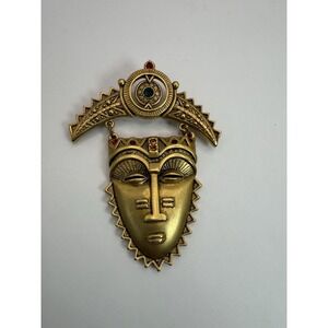 Vintage Avon Gold Tone Tribal Mask Brooch – Rhinestone Accent Statement Pin